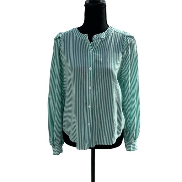 A New Day Green and White Striped Balloon Sleeve Button-up Blouse XS - Picture 2 of 6